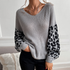 Women’s V Neck Sweater with Leopard Print Sleeves