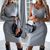Women's Solid Stripe Long-sleeved Top & Suspender Skirt Set